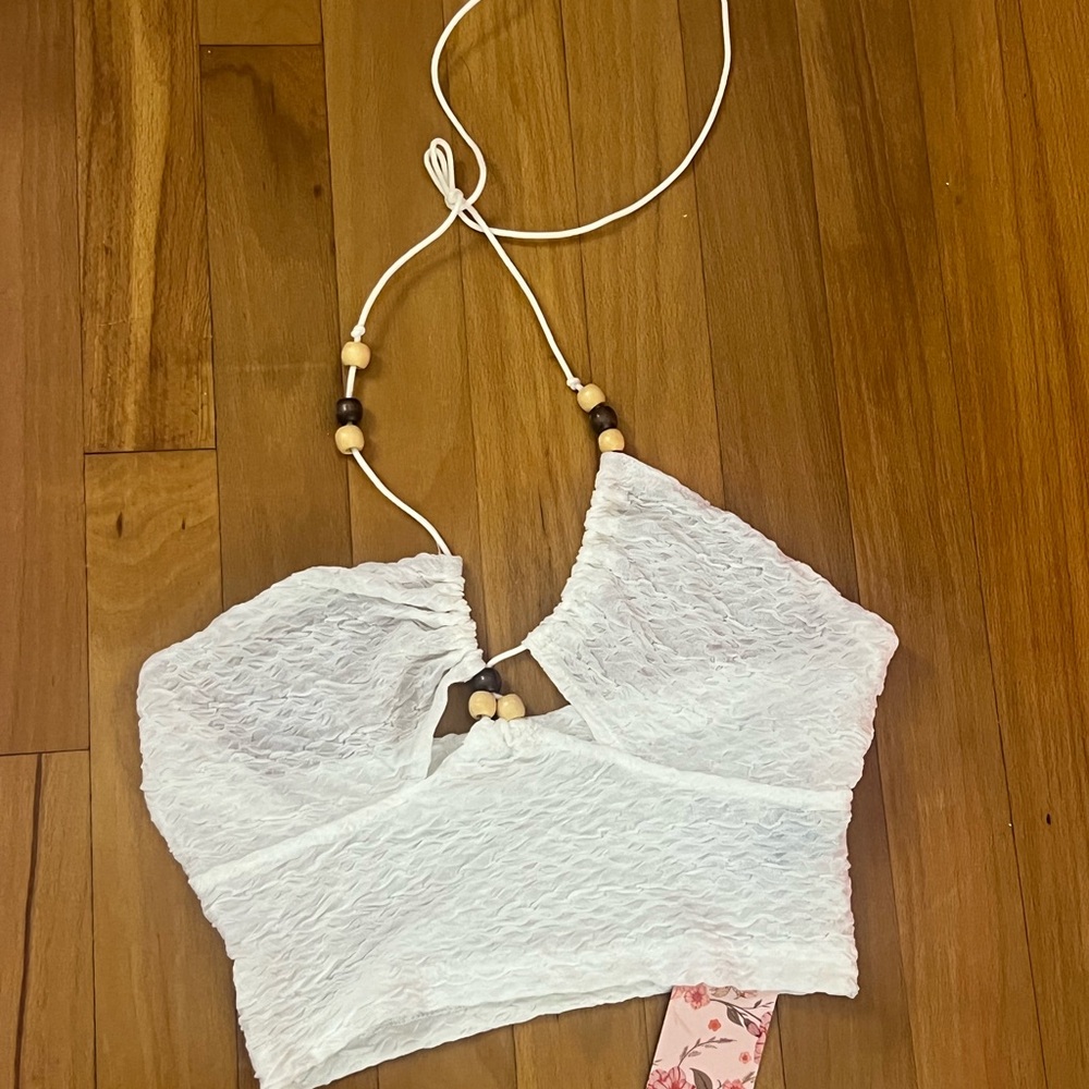 SHEIN White Lace Crop Top with Bead Details